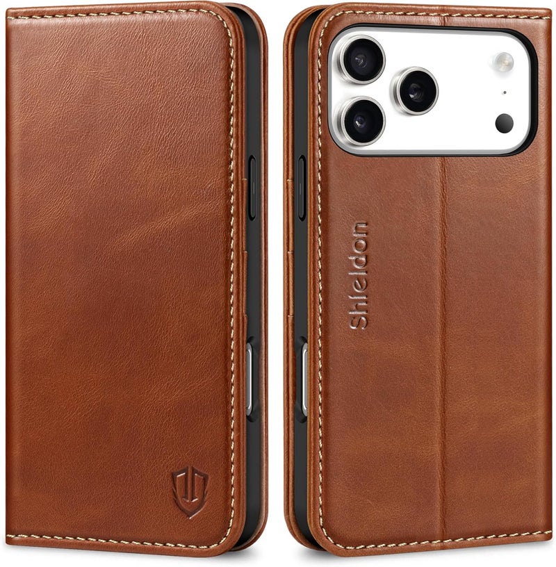 SHIELDON Genuine Leather Wallet Case for iPhone 17 Pro Max 6.9-inch 2025 | Flip | Magnetic Cover | RFID Blocking Credit Card Holder | Kickstand | Shock-Absorbent Case | Retro Brown - Image 1